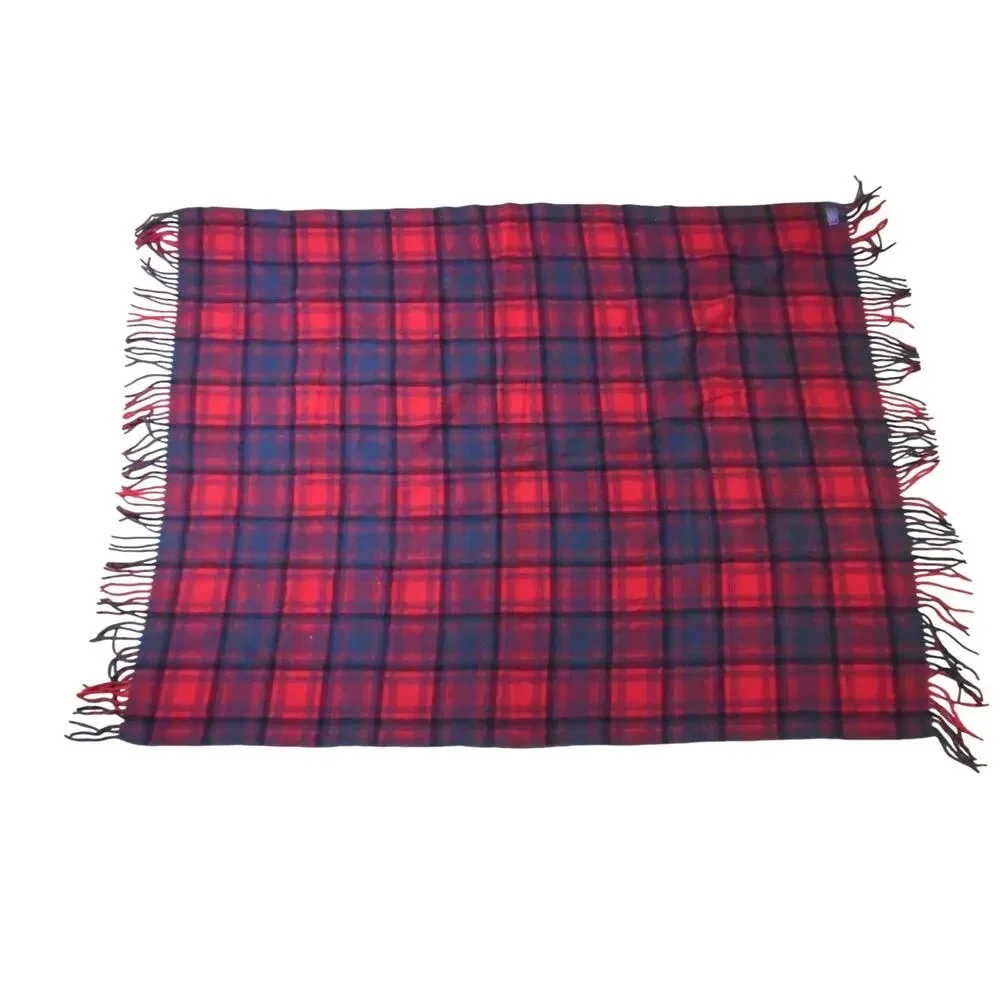 Pendleton Green And Red Plaid Throw Wool Blanket 67x52 Vintage